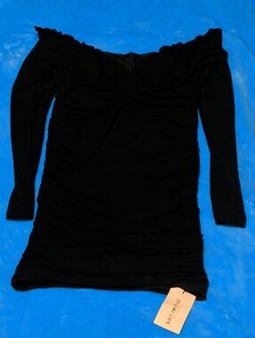 Black Off-Shoulder Ruched Long Sleeve Mini Dress